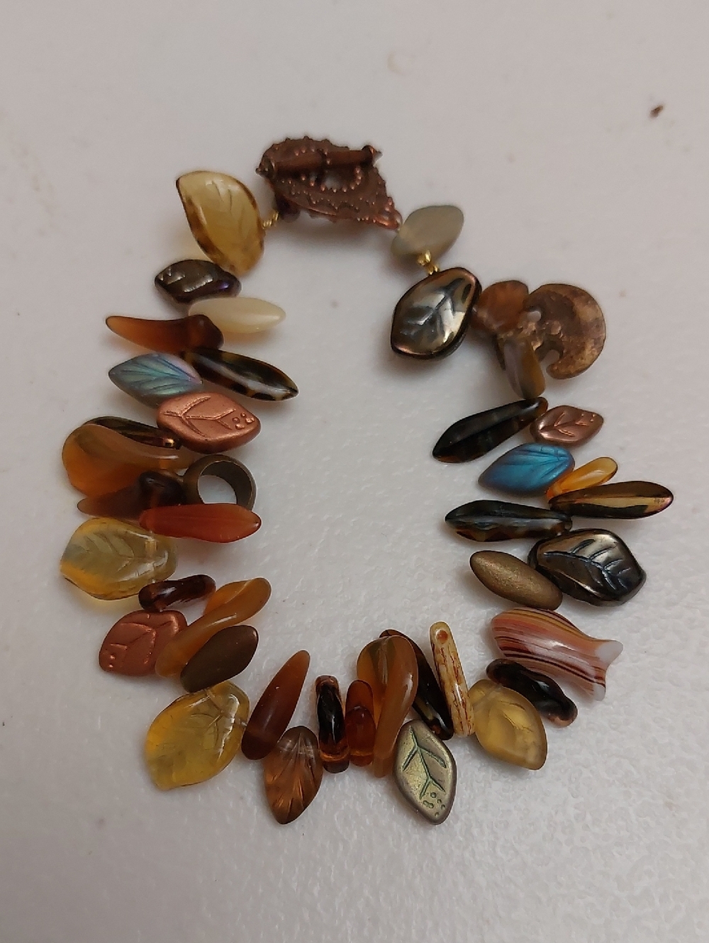 Earthtone Colors Leaf Pressed Glass Beads Toggle Bracelet Copper Tone Clasp